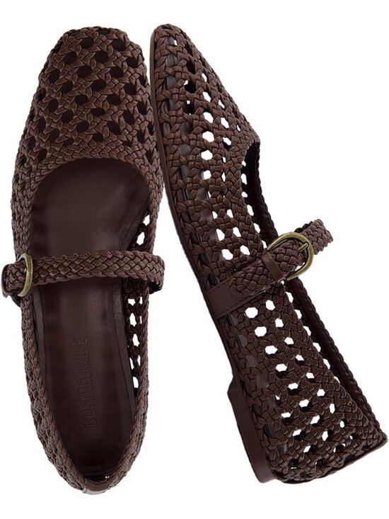 Shoes - Women's Brown Woven Comfortable Braided Adjustable Buckle Mary Jane Ballet Flats